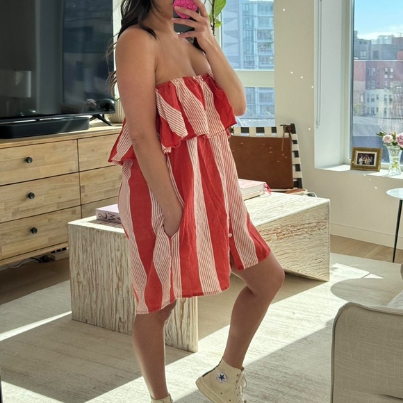 Faithfull the Brand Amalfi Rust-Red Striped Off-Shoulder Mini Dress • Size S - Picture 8 of 14
